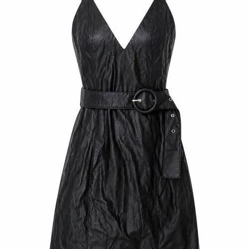 Bershka Womens Black Faux Leather Slip Dress XS Belted Partywear