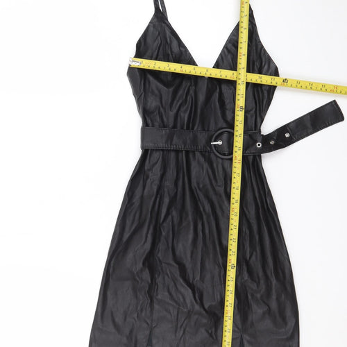 Bershka Womens Black Faux Leather Slip Dress XS Belted Partywear