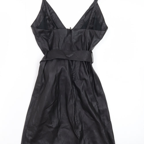 Bershka Womens Black Faux Leather Slip Dress XS Belted Partywear