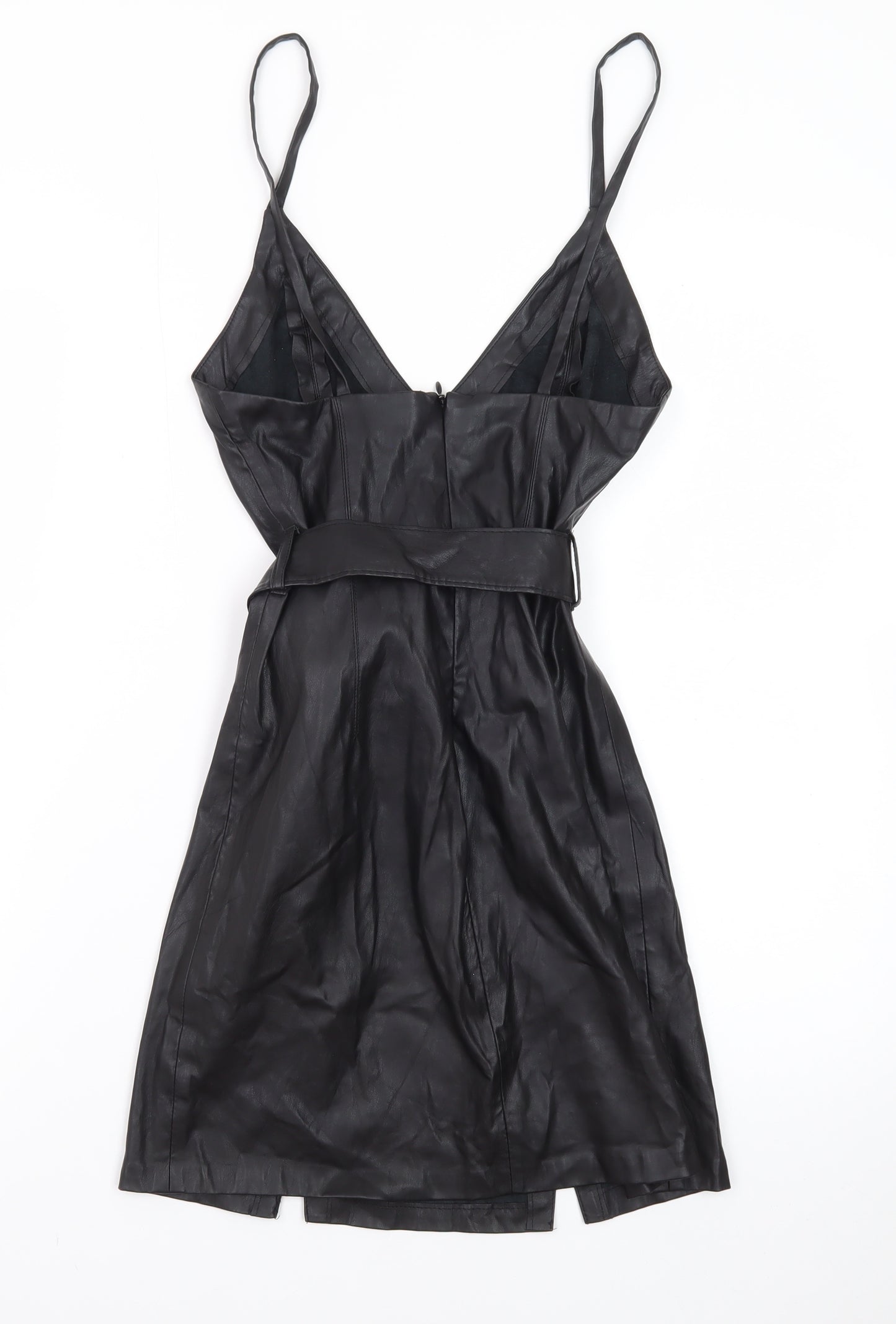 Bershka Womens Black Faux Leather Slip Dress XS Belted Partywear
