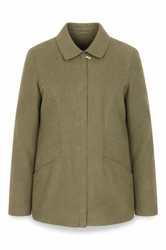 Front view of Gelco women’s green, size UK 10, mid-length lined polyester jacket