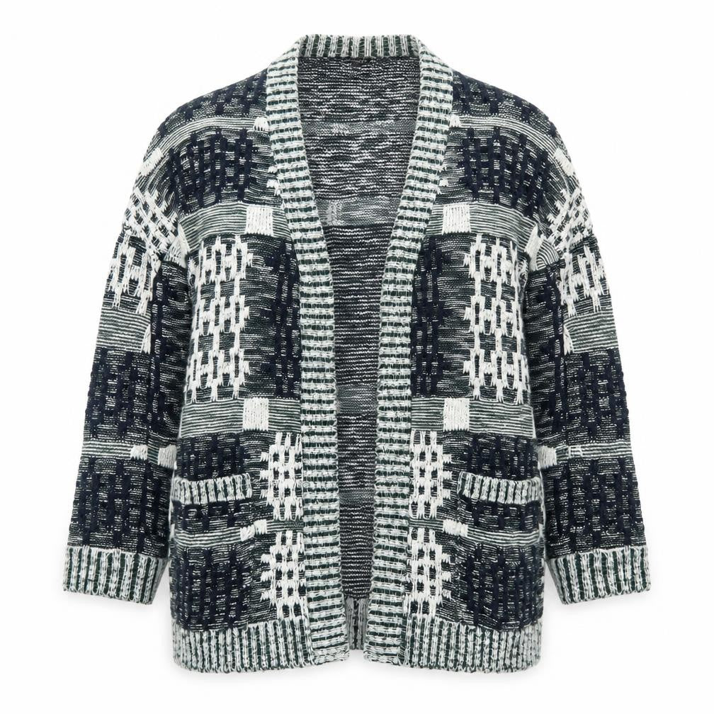 Front view of BDG Women Black White Knit Cardigan Small Open Front Patterned