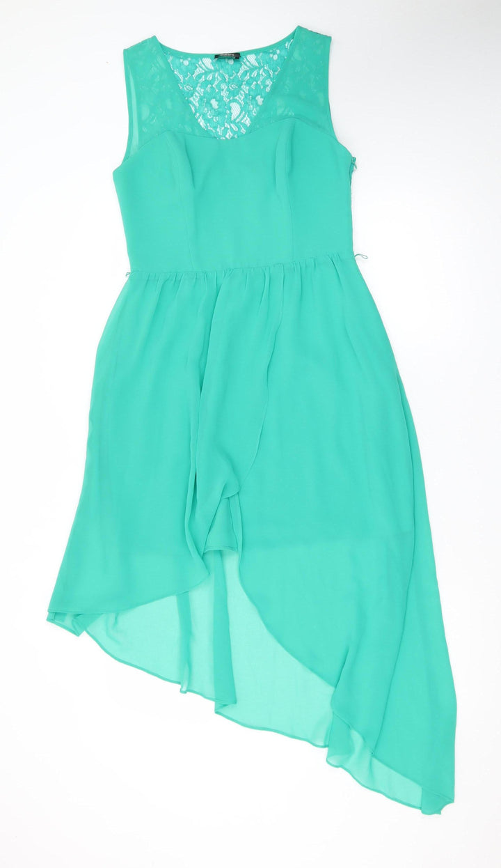 Oasis Womens Green Hi-Low Chiffon Lace Fit & Flare Dress Size 10