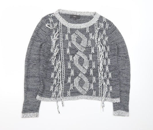 Next Women Grey Chunky-Knit Fringe Pullover Jumper Size 12