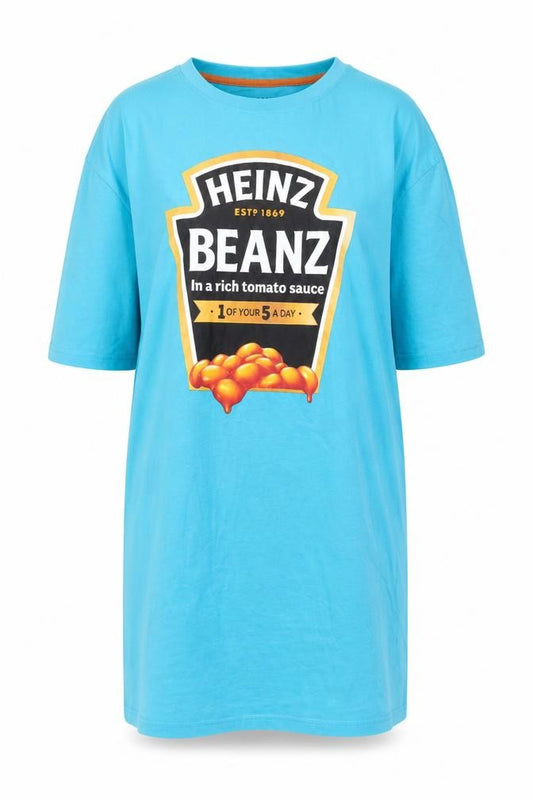Front view of Heinz Women’s Blue XS T-Shirt Dress with Funny Food Graphic