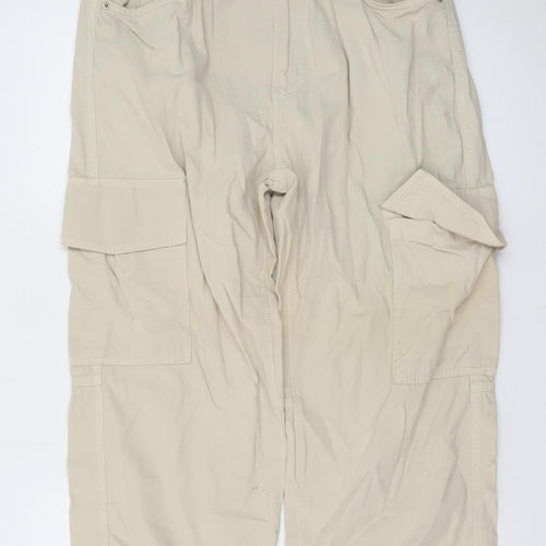 Bershka Women Beige Cargo Tapered Trousers Size L Elastic Waist