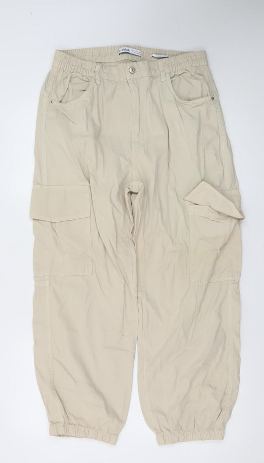 Bershka Women Beige Cargo Tapered Trousers Size L Elastic Waist