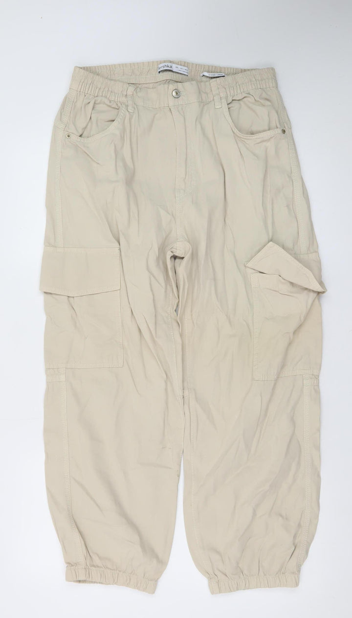 Bershka Women Beige Cargo Tapered Trousers Size L Elastic Waist