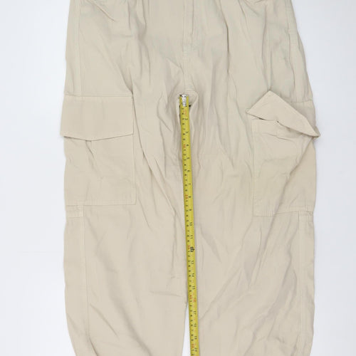 Bershka Women Beige Cargo Tapered Trousers Size L Elastic Waist