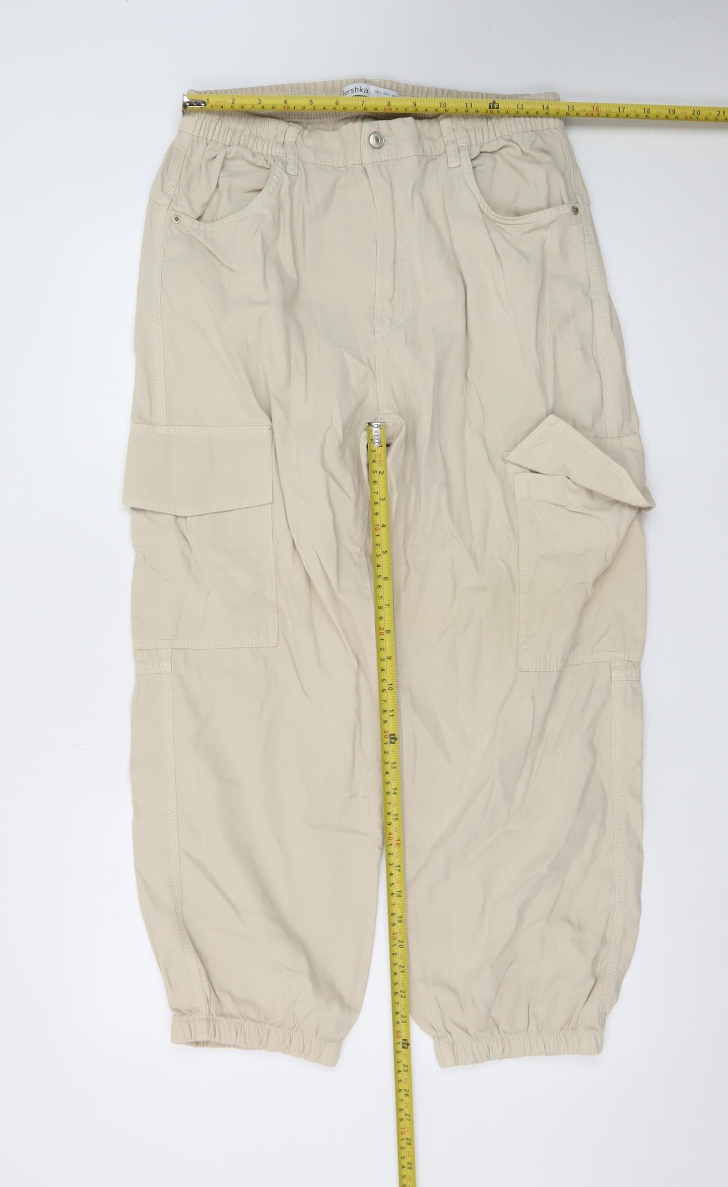 Bershka Women Beige Cargo Tapered Trousers Size L Elastic Waist