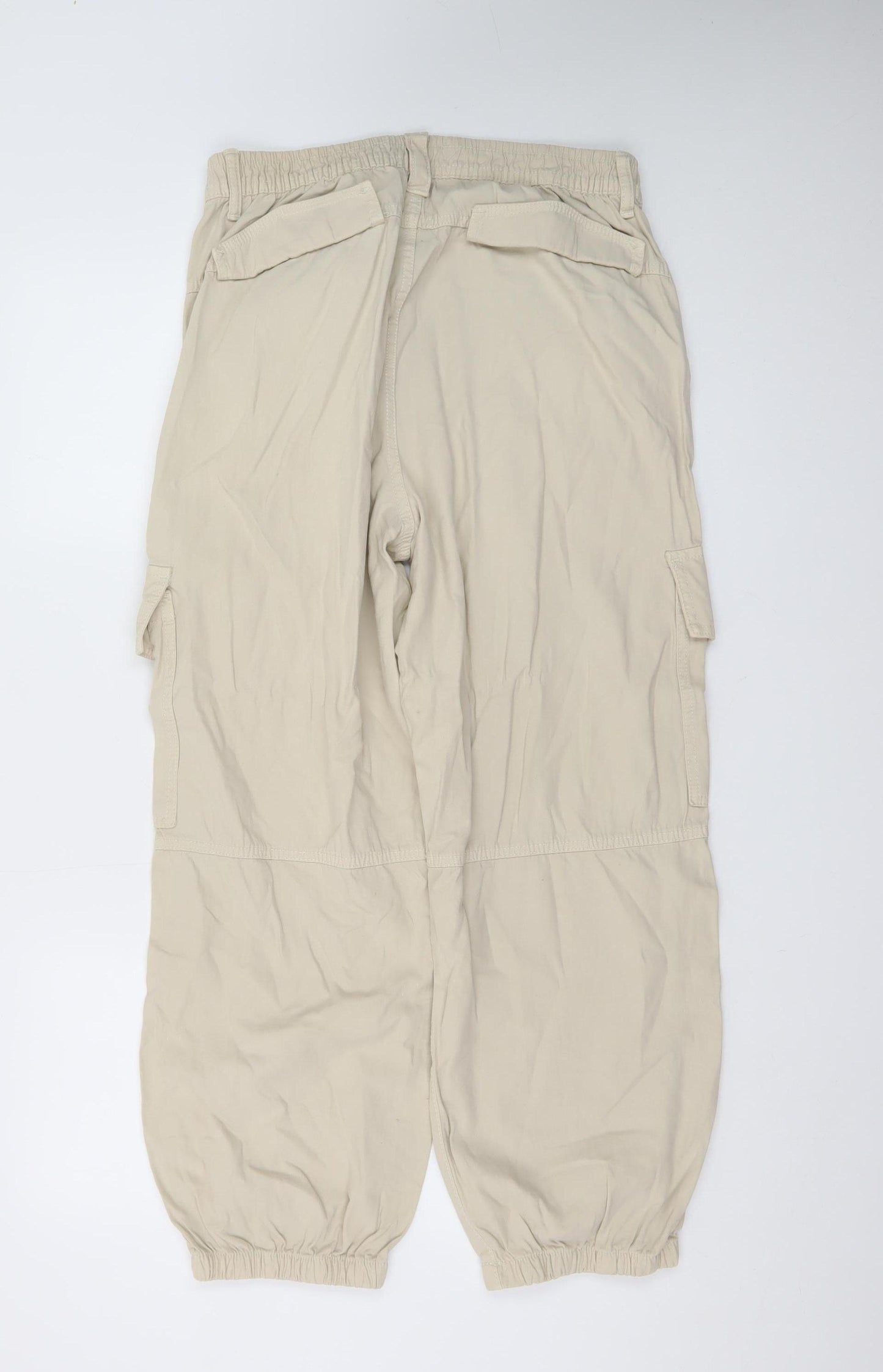 Bershka Women Beige Cargo Tapered Trousers Size L Elastic Waist