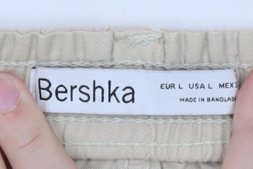 Bershka Women Beige Cargo Tapered Trousers Size L Elastic Waist