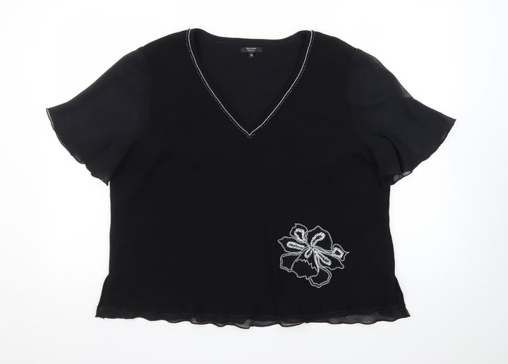 Personal Choice Women's Black Embroidered V-Neck Tunic Blouse Size 18