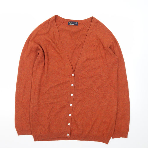 Fred Perry Womens Brown V-Neck Cardigan Size 8 Wool Blend