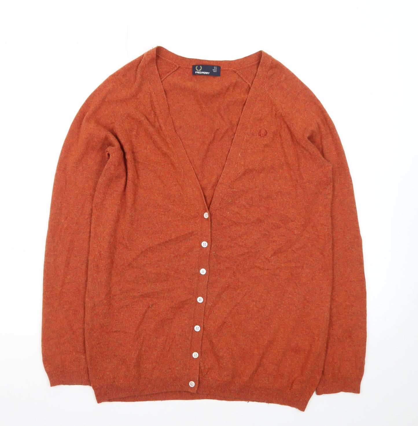 Fred Perry Womens Brown V-Neck Cardigan Size 8 Wool Blend