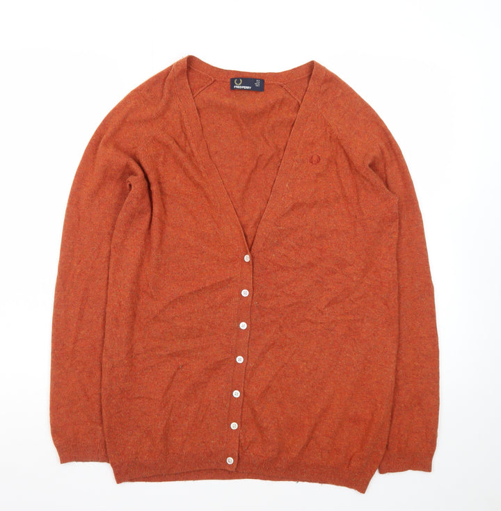 Fred Perry Womens Brown V-Neck Cardigan Size 8 Wool Blend