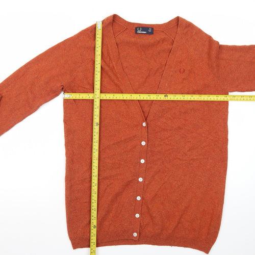 Fred Perry Womens Brown V-Neck Cardigan Size 8 Wool Blend