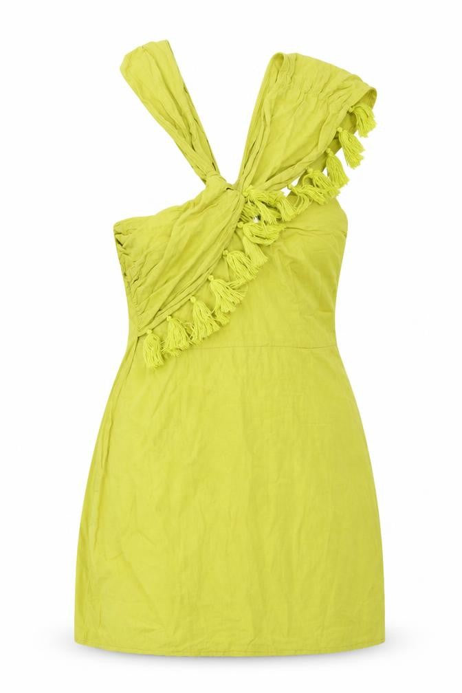 Front view of PRETTYLITTLETHING Plus Green One Shoulder Fringe Mini Dress, size 16