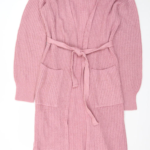 Zara Women Pink Long Belted Chunky Knit Cardigan Size 14