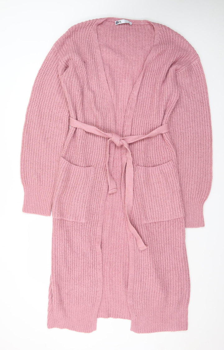 Zara Women Pink Long Belted Chunky Knit Cardigan Size 14