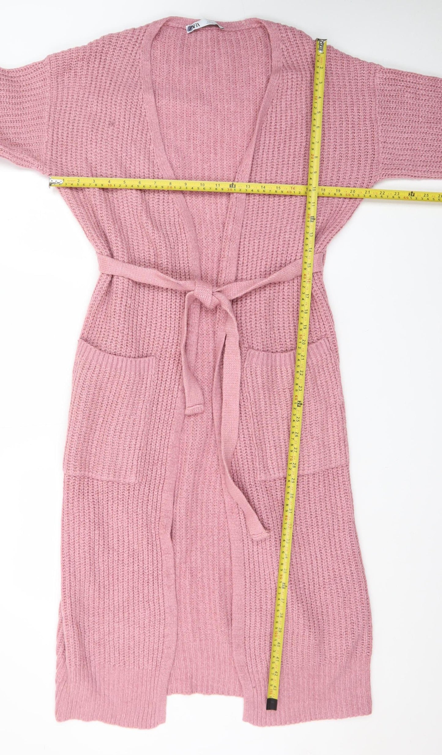 Zara Women Pink Long Belted Chunky Knit Cardigan Size 14