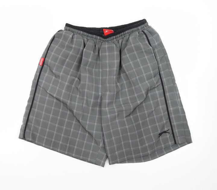 Slazenger Men Grey Check Swim Shorts M Quick Dry Lined Elastic Waist