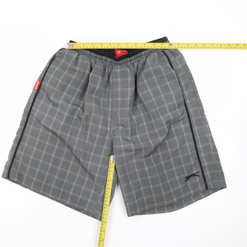 Slazenger Men Grey Check Swim Shorts M Quick Dry Lined Elastic Waist