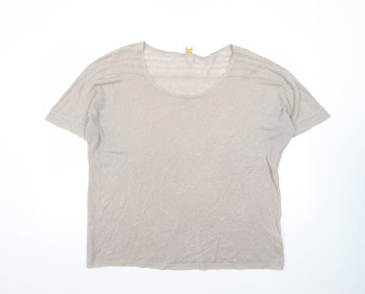 East Women Beige Linen Short Sleeve Pullover Jumper XL