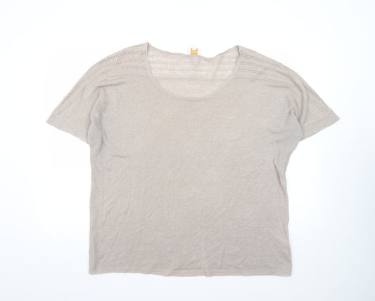 East Women Beige Linen Short Sleeve Pullover Jumper XL