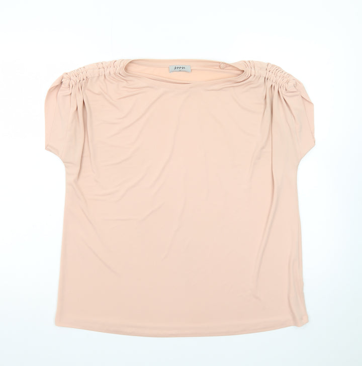 Soon Women’s Beige Tunic Blouse Size 14 Short Sleeve Stretch Top