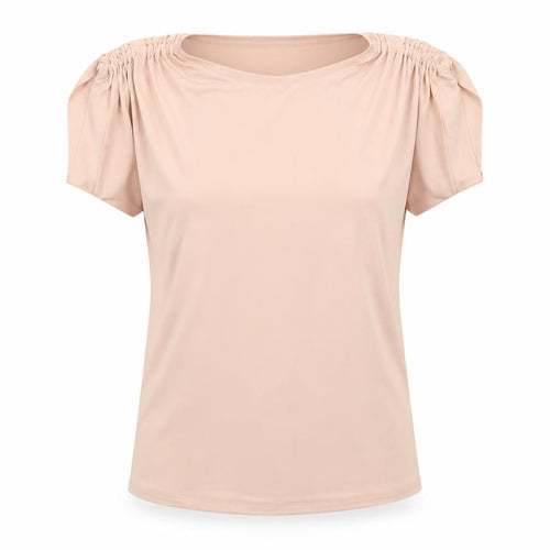 Soon Women’s Beige Tunic Blouse Size 14 Short Sleeve Stretch Top