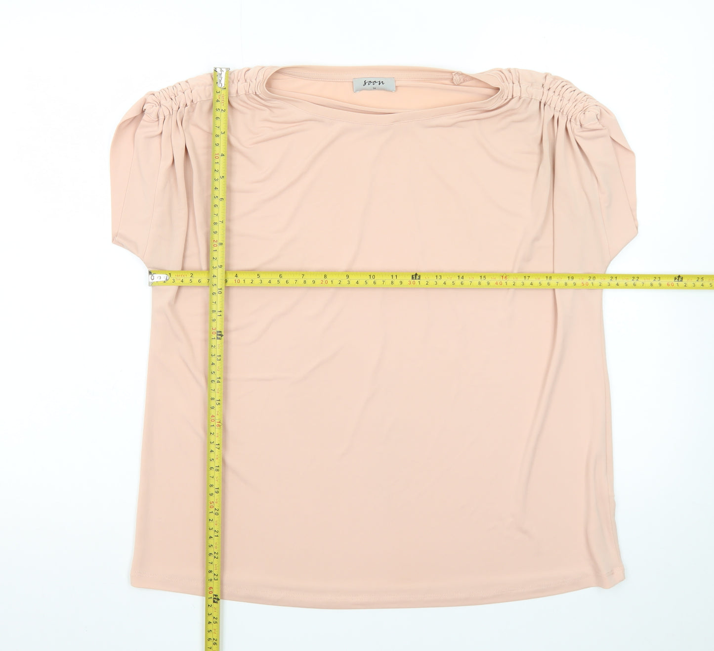 Soon Women’s Beige Tunic Blouse Size 14 Short Sleeve Stretch Top