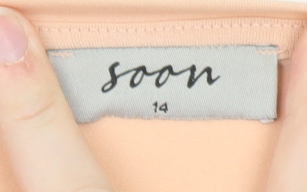 Soon Women’s Beige Tunic Blouse Size 14 Short Sleeve Stretch Top