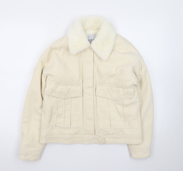 Denim Co. Women's Ivory Corduroy Bomber Jacket Size 6 Faux Fur Collar
