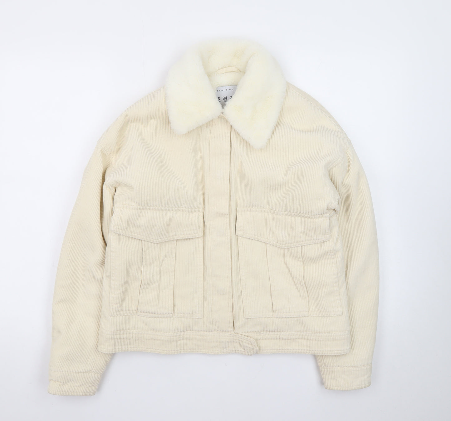 Denim Co. Women's Ivory Corduroy Bomber Jacket Size 6 Faux Fur Collar