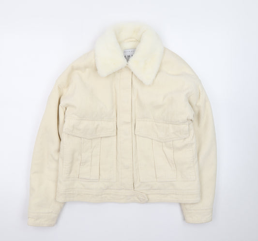 Denim Co. Women's Ivory Corduroy Bomber Jacket Size 6 Faux Fur Collar