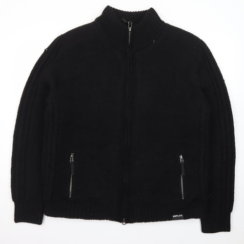Replay Men's Black XL Full Zip Knit Wool Blend Jumper