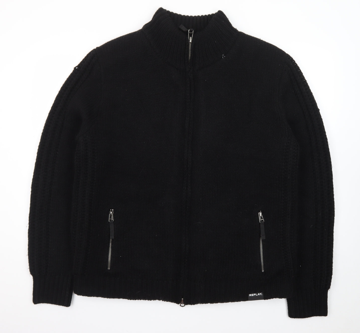 Replay Men's Black XL Full Zip Knit Wool Blend Jumper