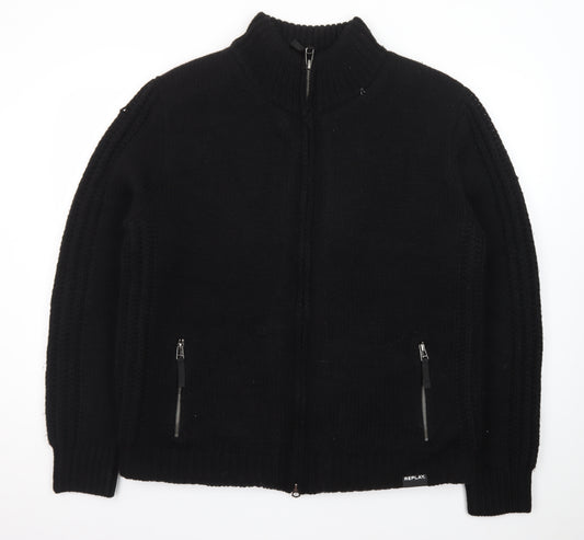 Replay Men's Black XL Full Zip Knit Wool Blend Jumper