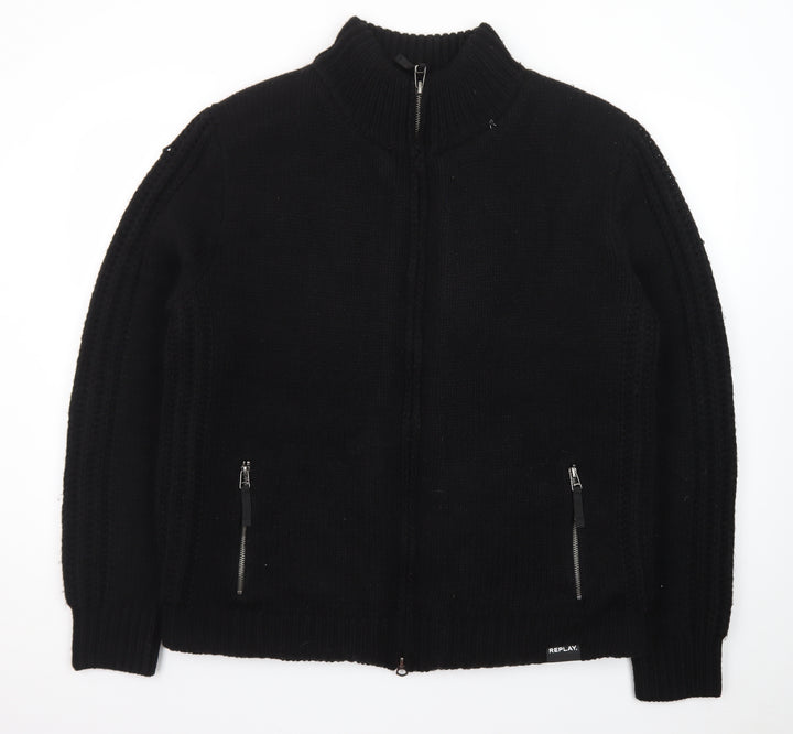 Replay Men's Black XL Full Zip Knit Wool Blend Jumper