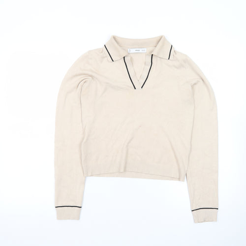 MNG Women Beige Collared Henley Knit Jumper XS