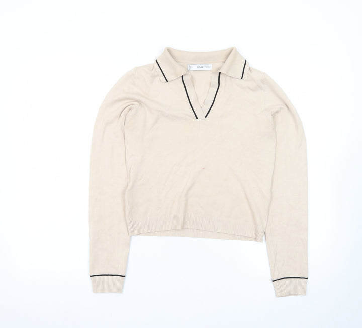 MNG Women Beige Collared Henley Knit Jumper XS