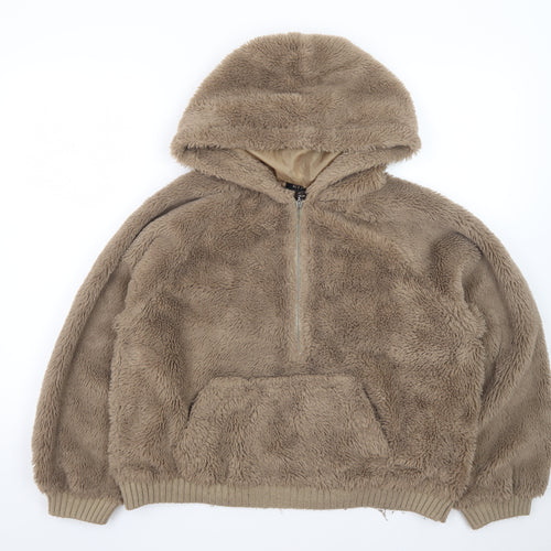 QED London Women Beige 1/2 Zip Hooded Pullover Fleece Sweatshirt S/M