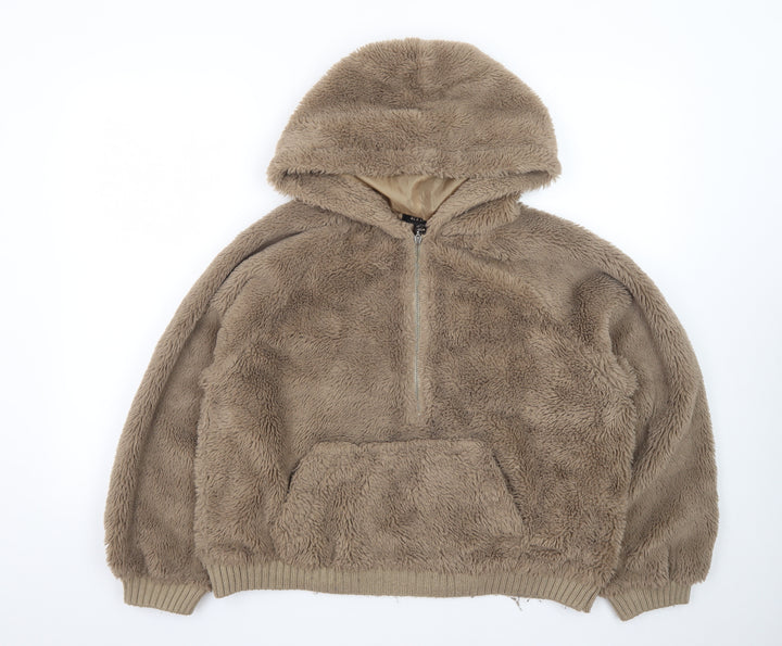 QED London Women Beige 1/2 Zip Hooded Pullover Fleece Sweatshirt S/M