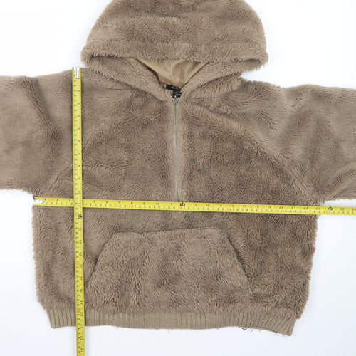 QED London Women Beige 1/2 Zip Hooded Pullover Fleece Sweatshirt S/M