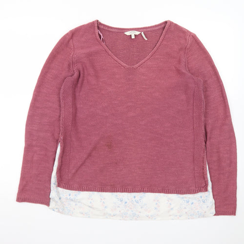 FatFace Women Pink V-Neck Cotton Linen Knit Jumper Size 10