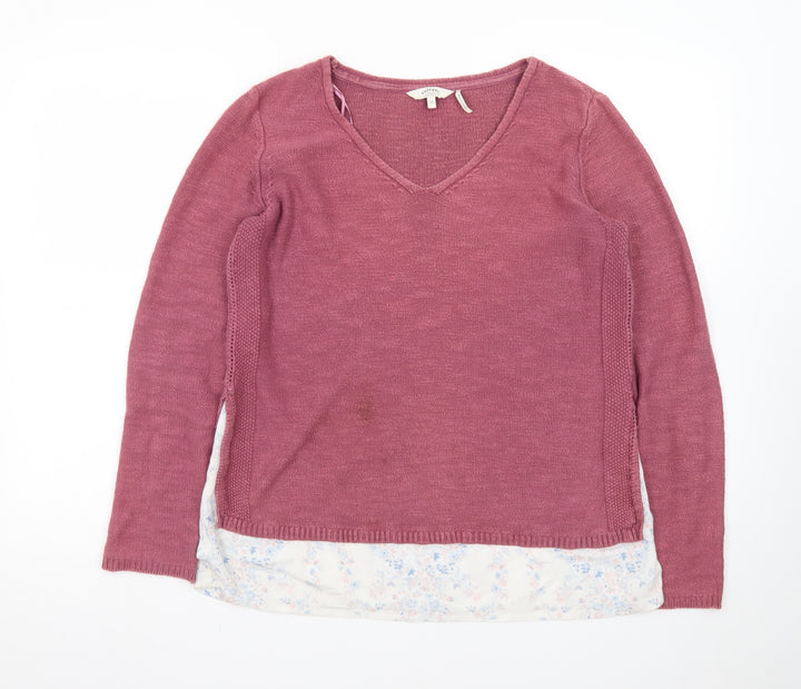 FatFace Women Pink V-Neck Cotton Linen Knit Jumper Size 10