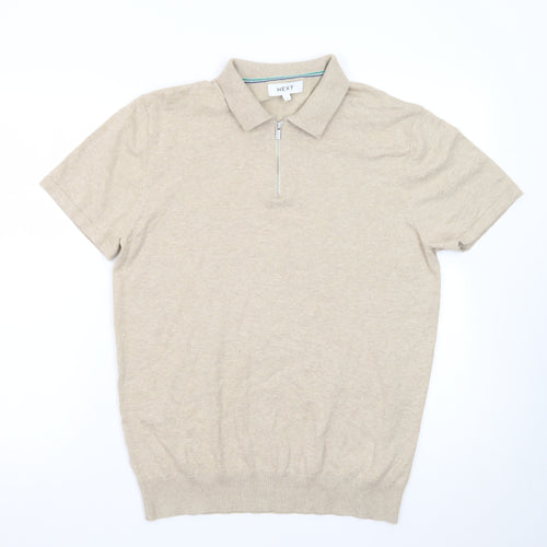 Next Mens Beige Short Sleeve 1/4 Zip Polo Shirt Size M Classic Fit