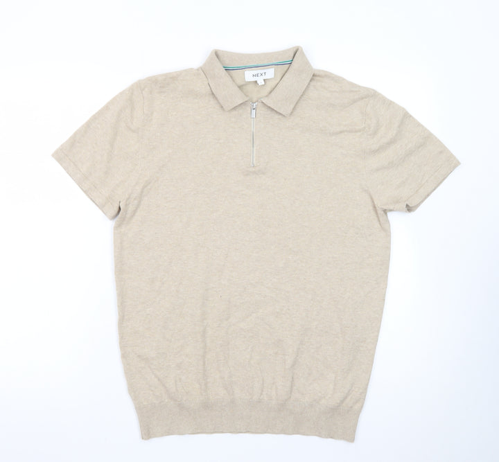 Next Mens Beige Short Sleeve 1/4 Zip Polo Shirt Size M Classic Fit