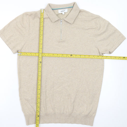 Next Mens Beige Short Sleeve 1/4 Zip Polo Shirt Size M Classic Fit